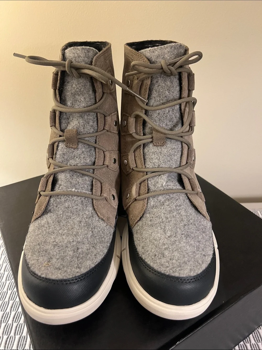Sorel Taupe Suede and Grey Wool Lace-Up Winter Boots